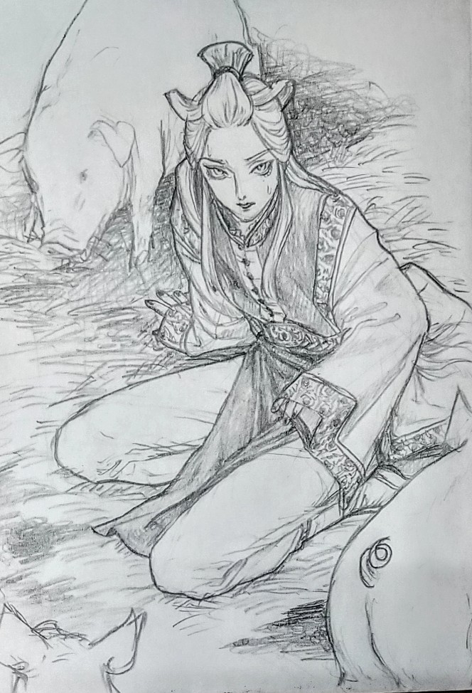 1girl 59awakadoy boots chinese_clothes commentary_request forehead full_body greyscale hairstyle_request hay long_sleeves looking_at_viewer monochrome on_floor original pants pelvic_curtain pig seiza sitting sketch sleeves_past_wrists traditional_media wide_sleeves