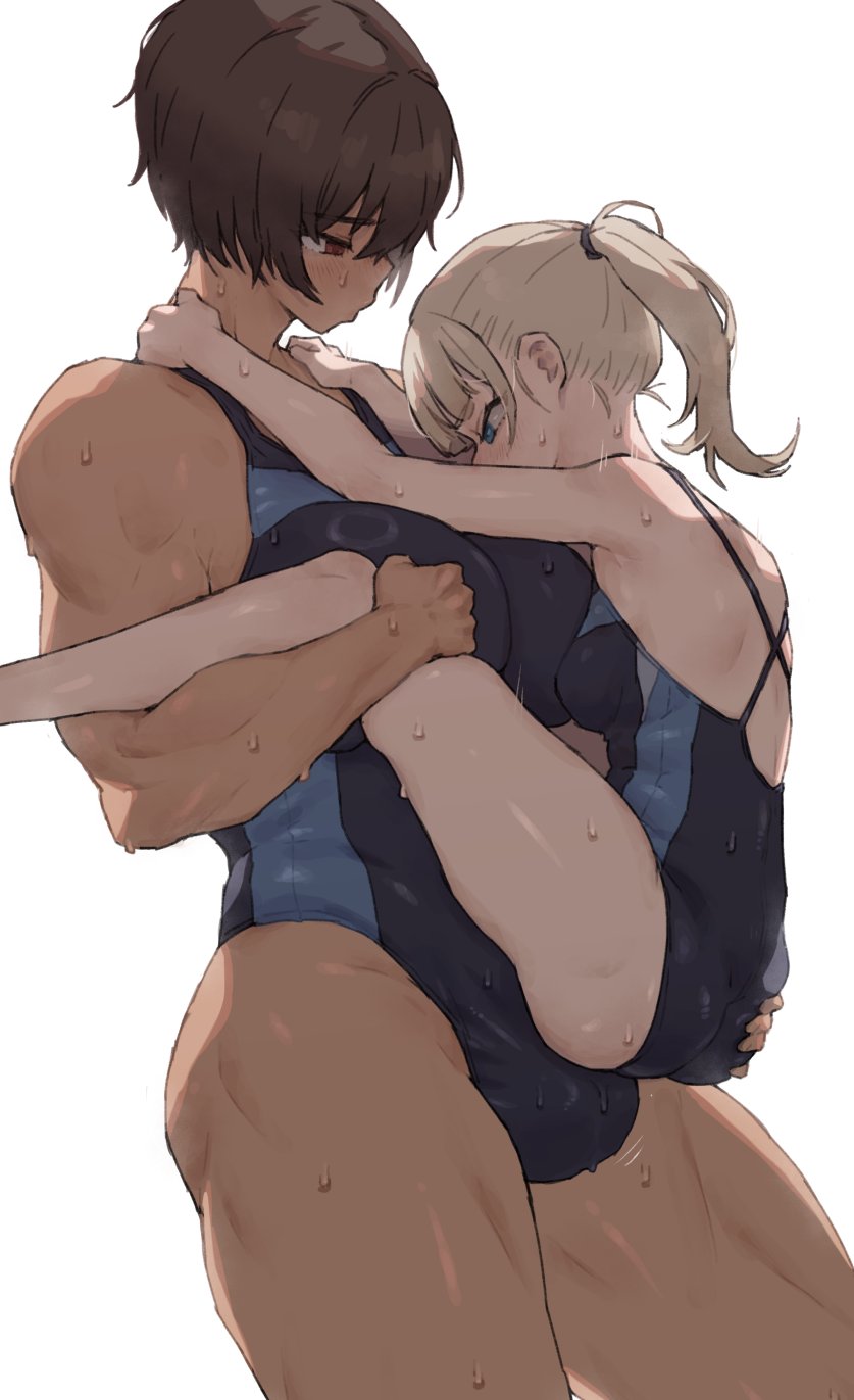 1futa 1girl blonde_hair blue_eyes breasts brown_hair bulge carrying carrying_person competition_school_swimsuit covered_penis dark-skinned_female dark_skin dry_humping erection erection_under_clothes futa_with_female futanari gym_uniform height_difference highres humping implied_futanari kei_(m_k) large_breasts long_hair m_k original ponytail red_eyes rika_(m_k) school_swimsuit short_hair simple_background size_difference small_breasts standing sweat swimsuit tall_female tan tomboy