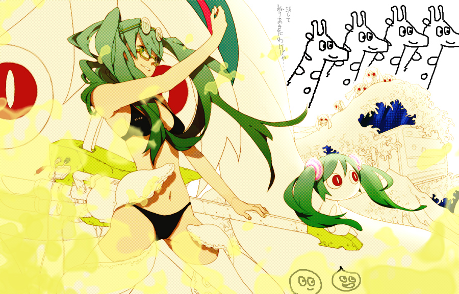 6+girls bikini black_bikini chibi coke-bottle_glasses commentary_request eyewear_on_head fine_art_parody glasses green-framed_eyewear green_eyes green_hair guitar hatsune_miku instrument kanagawa_okinami_ura long_hair multiple_girls nakahara_(mu_tation) parody red_eyes swimsuit tentacles translation_request vocaloid