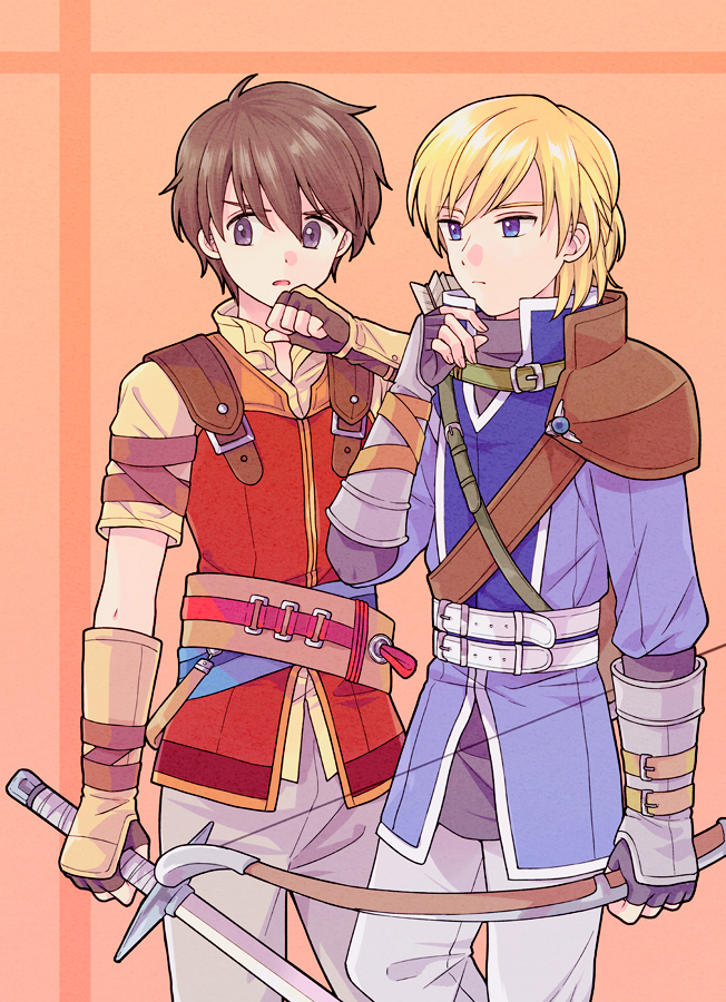 2boys arrow_(projectile) belt blonde_hair blue_eyes bow_(weapon) brown_gloves brown_hair cowboy_shot edward_(fire_emblem) fingerless_gloves fire_emblem fire_emblem:_radiant_dawn gloves holding holding_bow_(weapon) holding_sword holding_weapon leonardo_(fire_emblem) long_sleeves multiple_boys nagiyaki_(momomo77) nintendo pants purple_eyes quiver short_sleeves simple_background sword weapon
