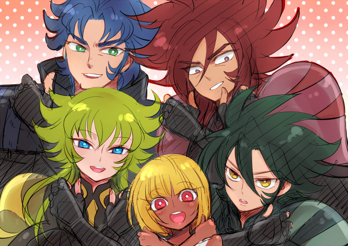 10s 2girls 3boys aegaeon_(saint_seiya_omega) armor black_hair blonde_hair blue_eyes blue_hair cape dark_skin full_armor gallia_(saint_seiya_omega) green_eyes happy hyperion_(saint_seiya_omega) katori_(katokichi) long_hair looking_at_viewer multiple_boys multiple_girls pallas red_eyes red_hair saint_seiya saint_seiya_omega short_hair smile team titan_(saint_seiya_omega)