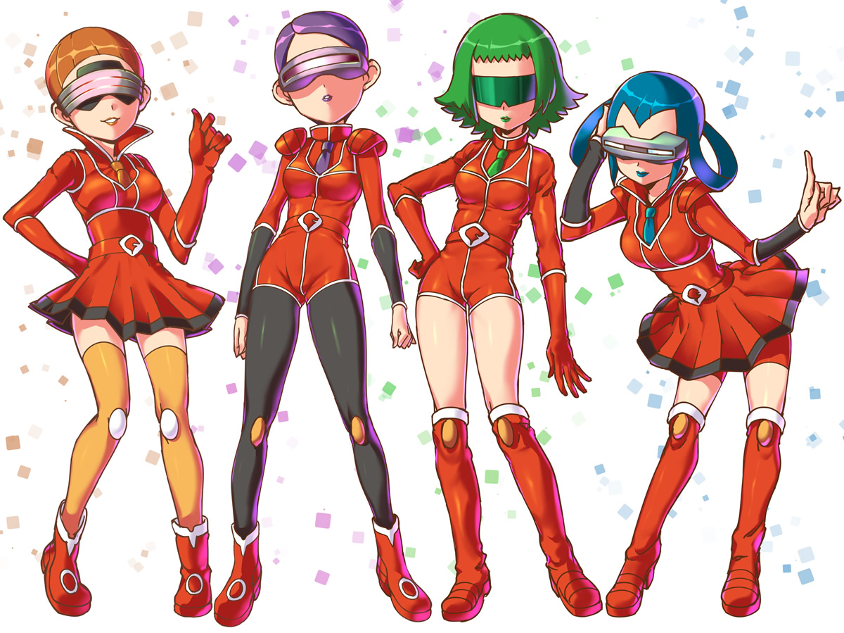 4girls aliana_(pokemon) ankle_boots belt bent_over blue-tinted_eyewear blue_hair blue_lips boots brown_hair bryony_(pokemon) celosia_(pokemon) female_focus gloves green-tinted_eyewear green_hair green_lips knee_boots lipstick mable_(pokemon) makeup miniskirt multiple_girls necktie nintendo pantyhose pleated_skirt pokemon pokemon_xy purple-tinted_eyewear purple_hair purple_lips red-tinted_eyewear red_footwear red_gloves red_legwear short_hair shoulder_pads skirt smile team_flare team_flare_grunt thighhighs tinted_eyewear tsuru_ringo very_short_hair visor zettai_ryouiki