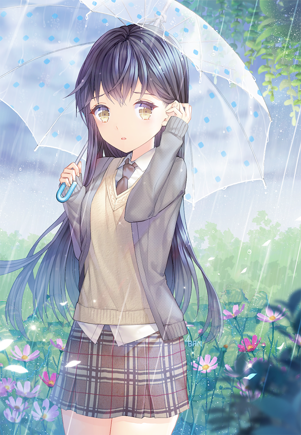 1girl :o adjusting_hair arm_up black_hair blouse blurry brown_eyes brown_necktie cardigan coat cowboy_shot depth_of_field female_focus flower holding holding_umbrella long_hair long_sleeves looking_at_viewer miniskirt necktie original petals plaid_clothes plaid_skirt polka_dot rain saban shirt skirt sky sleeves_past_wrists solo sweater_vest transparent transparent_umbrella umbrella uniform white_shirt
