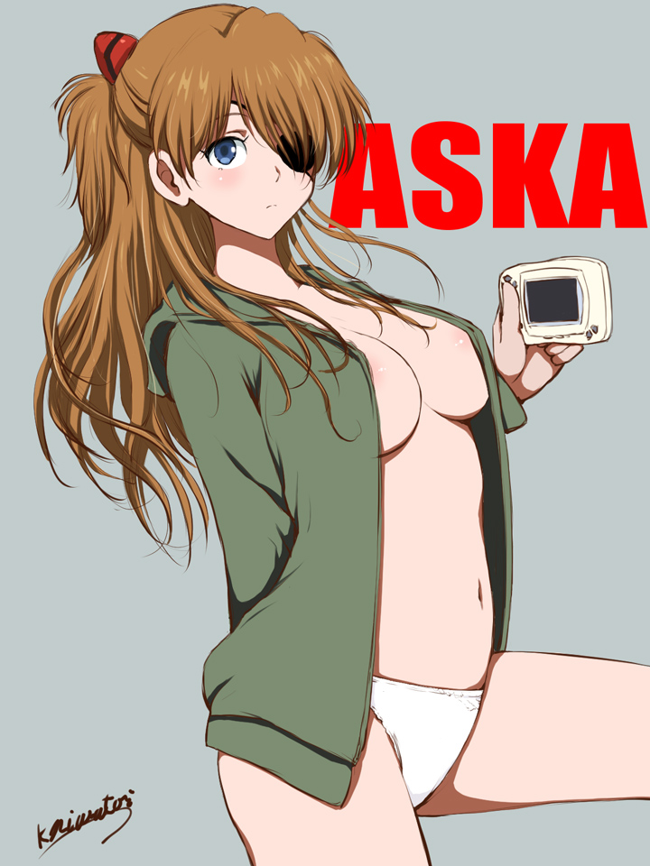 1girl arm_behind_back bare_legs blue_eyes blush breasts brown_hair character_name commentary_request cowboy_shot evangelion:_3.0+1.0_thrice_upon_a_time eyepatch from_side green_jacket grey_background hair_over_one_eye hand_up holding jacket long_hair long_sleeves looking_at_viewer medium_breasts navel neon_genesis_evangelion niwatori_kokezou no_bra open_clothes open_jacket panties rebuild_of_evangelion signature simple_background solo souryuu_asuka_langley underwear white_panties