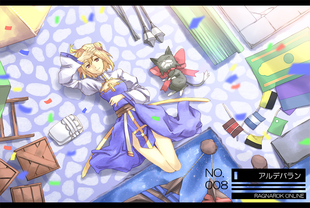 1girl ahoge arch_bishop_(ragnarok_online) bench black_cat blonde_hair blue_dress boat bow box brown_sash cat chair choukichi closed_eyes closed_mouth cobblestone commentary_request confetti copyright_name day double_bun dress flag flags_of_all_nations folded_clothes full_body hair_between_eyes hair_bun hand_on_own_stomach in-universe_location in_water juliet_sleeves unworn_legwear letterboxed long_sleeves looking_at_viewer lying on_back outdoors pink_eyes puffy_sleeves ragnarok_online red_bow shading_eyes short_hair smile string_of_flags sun thighhighs translated two-tone_dress water watercraft white_dress white_thighhighs wildrose