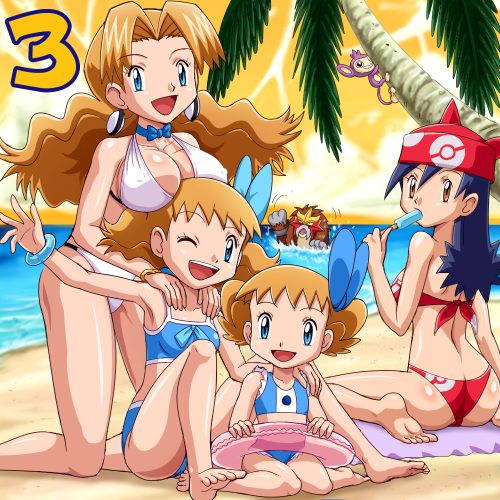 4girls age_comparison age_progression aged_down aged_up aipom armpits ass bandana barefoot beach bikini blonde_hair blue_eyes blue_hair bow bow_choker bracelet breast_rest breasts breasts_on_head brown_eyes butt_crack cameltoe choker cleavage collar covered_erect_nipples entei feet food from_behind gen_2_pokemon hair_ornament happy ice_cream innertube jewelry kneeling large_breasts legendary_pokemon lisa_(pokemon) long_hair looking_back lowres molly_hale multiple_girls multiple_persona nintendo orange_eyes palm_tree pokemoa pokemon pokemon_(anime) pokemon_(classic_anime) pokemon_(creature) pokemon_3:_the_movie_-_spell_of_the_unown:_entei popsicle short_hair sitting size_difference swim_ring swimsuit tankini time_paradox tree water