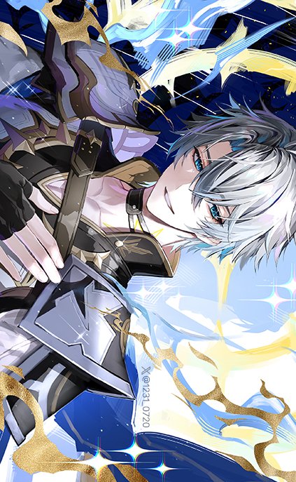 1boy armor black_choker black_gloves black_shirt blue_eyes choker coat commentary english_commentary fingerless_gloves gloves halo halo_behind_head hand_on_own_chest honkai:_star_rail honkai_(series) looking_to_the_side male_focus np_(1231_0720) pauldrons phainon_(honkai:_star_rail) shirt short_hair shoulder_armor sideways single_glove single_pauldron solo sun_symbol sun_tattoo tan twitter_username upper_body white_coat white_hair