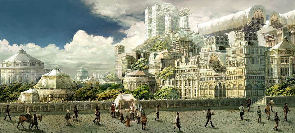 6+boys anesaki_dynamic city cloud day fantasy horse horseback_riding male_focus multiple_boys original realistic riding scenery sky tree