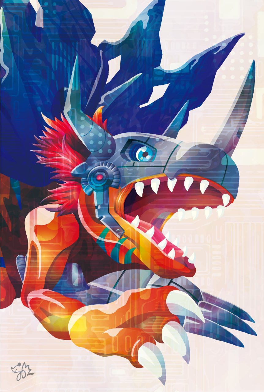claw_(weapon) cyborg digimon digimon_(creature) dinosaur helmet highres mechanical_arms metalgreymon no_humans open_mouth red_hair sharp_teeth single_mechanical_arm solo teeth torn_wings weapon wings yam_retsu