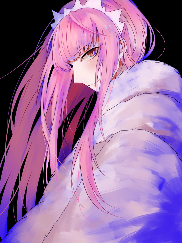 1girl coat crown fate/grand_order fate_(series) fur_coat long_hair medb_(fate) medb_(first_ascension)_(fate) namahamu_(hmhm_81) pink_hair smile smile_pact solo tiara yellow_eyes