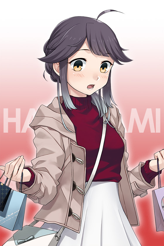 1girl bag braid braided_bun brown_eyes brown_jacket character_doll commentary_request cowboy_shot fujikawa gradient_background grey_hair hair_bun hayanami_(kancolle) hayanami_(valentine)_(kancolle) jacket kantai_collection looking_down official_alternate_costume official_alternate_hairstyle official_art red_background red_sweater shopping_bag short_hair skirt solo sweater white_skirt