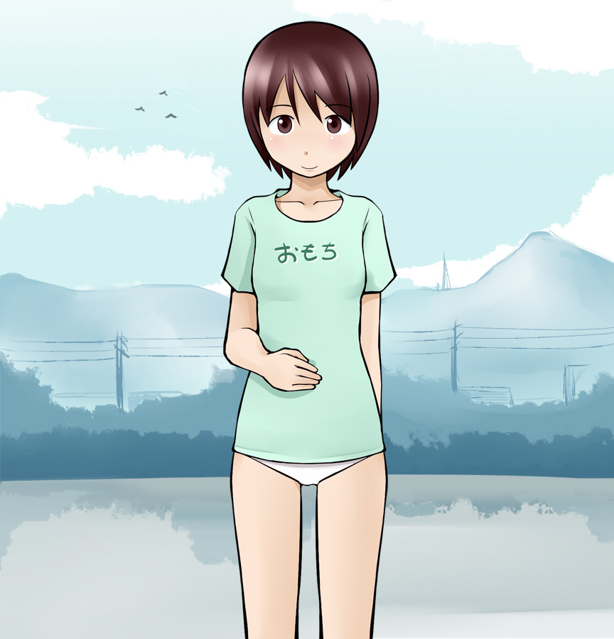 1girl bird blush breasts brown_eyes brown_hair cloud day female_focus hiwatari landscape light_smile looking_at_viewer lowleg lowleg_panties mountain no_pants outdoors panties power_lines shimau shirt short_hair sky small_breasts smile solo t-shirt tanaka_rikimaru translated underwear yotsubato!