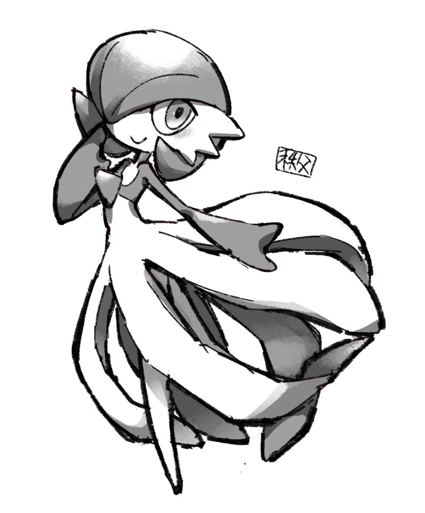 blush chichibu_(watson) colored_skin dress gardevoir gen_3_pokemon grey_background hair_over_one_eye looking_at_viewer monochrome multicolored_skin nintendo pokemon pokemon_(creature) signature simple_background smile two-tone_skin white_dress white_skin