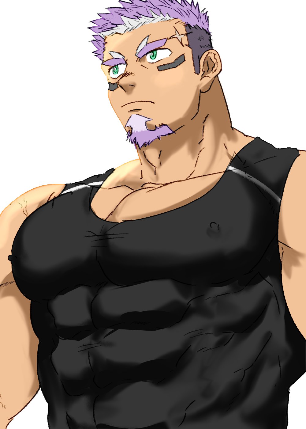 1boy bara black_tank_top covered_erect_nipples dark-skinned_male dark_skin facial_hair fugur6_fugur9 goatee highres large_pectorals live_a_hero looking_ahead male_focus medium_sideburns muscular muscular_male pectoral_cleavage pectorals purple_hair sanpaku scar scar_on_face scar_on_forehead shaft_(live_a_hero) short_hair solo tank_top thick_eyebrows thick_thighs thighs two-tone_beard upper_body