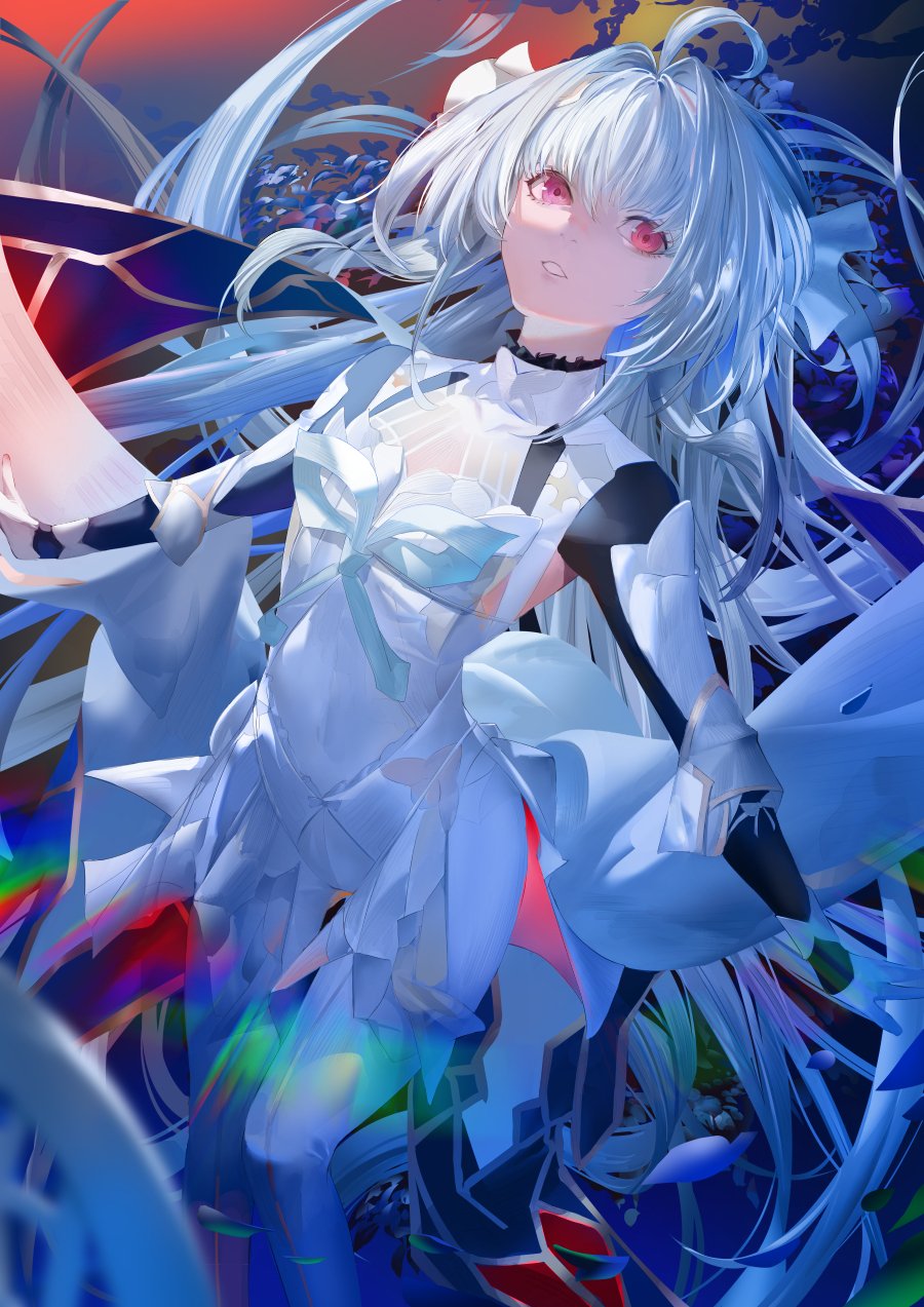 1girl ahoge black_shrug blazpu breasts covered_navel dress fate/grand_order fate_(series) gloves highres lady_avalon_(fate) lady_avalon_(third_ascension)_(fate) long_hair long_sleeves looking_at_viewer merlin_(fate/prototype) pantyhose red_eyes shrug_(clothing) small_breasts solo thighs very_long_hair white_dress white_gloves white_hair white_pantyhose