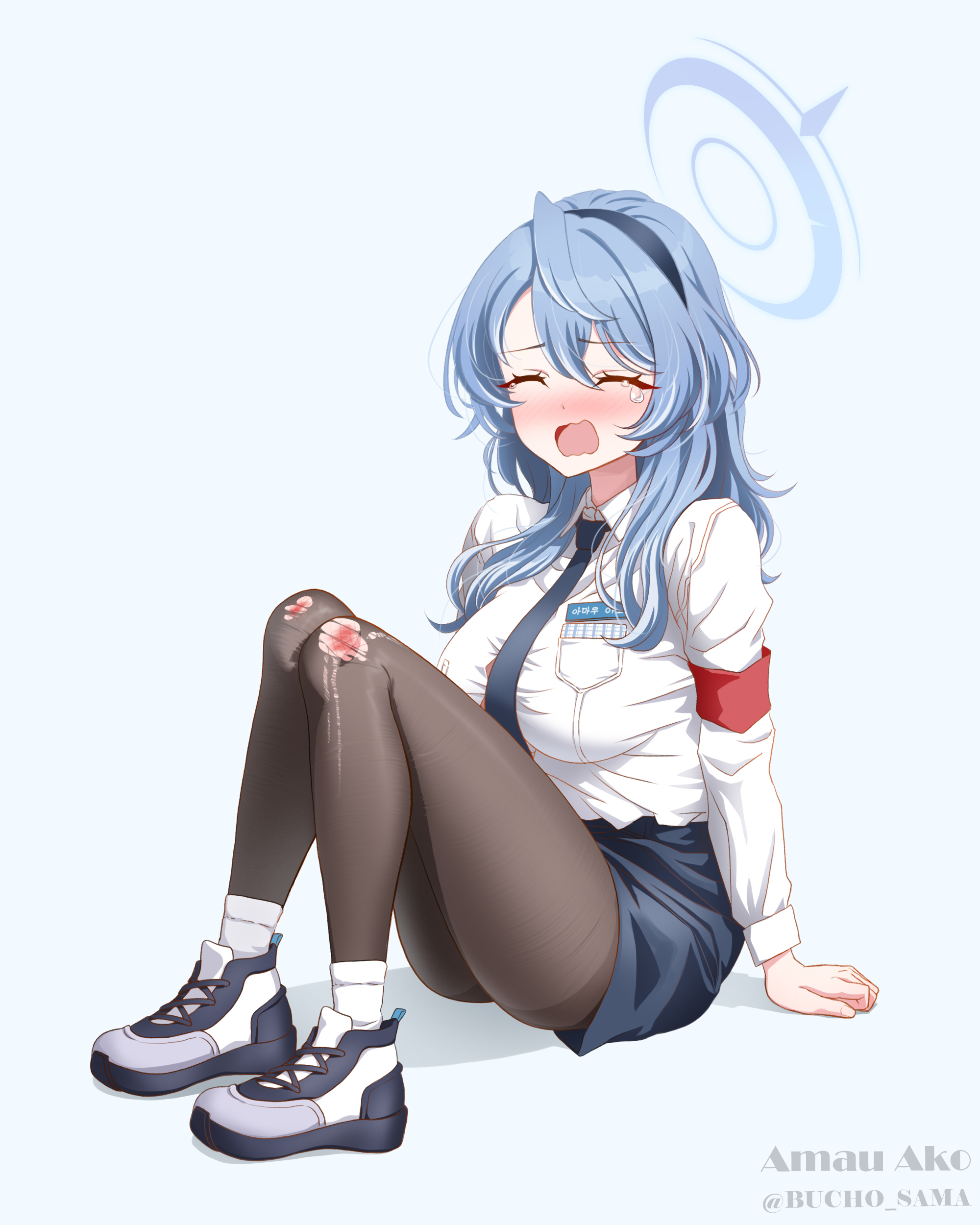 1girl absurdres ako_(blue_archive) armband ass black_pantyhose blue_archive blue_hair blush breasts bucho_sama hairband halo highres long_hair medium_breasts necktie pantyhose pencil_skirt school_uniform shoes sitting skirt sneakers socks solo torn_clothes torn_pantyhose variant_set white_socks