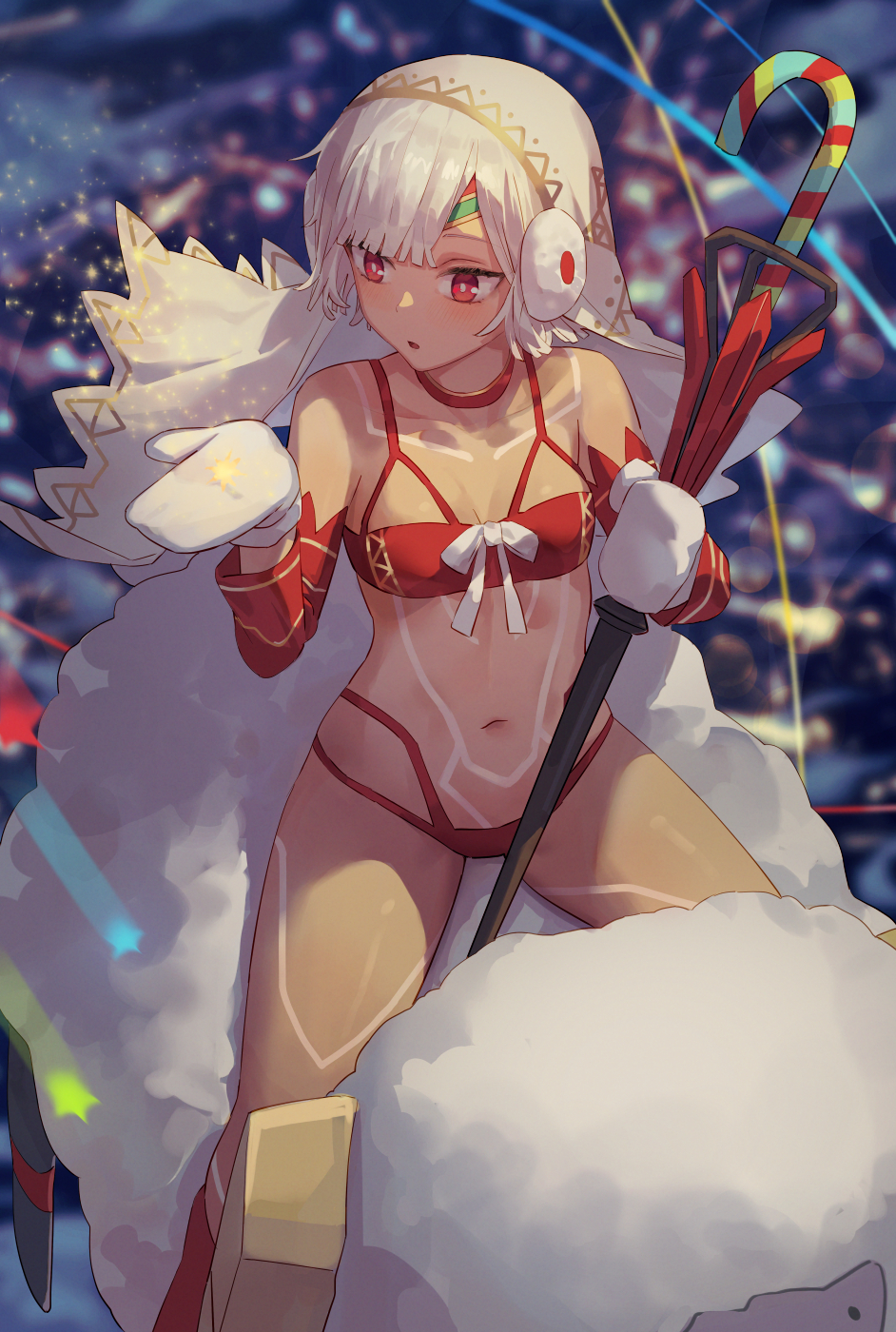 1girl altera_(fate) altera_the_santa_(fate) bare_shoulders bikini body_markings breasts cane dark-skinned_female dark_skin earmuffs fate/grand_order fate_(series) highres medium_breasts mittens red_bikini red_eyes sheep short_hair solo swimsuit tesin_(7aehyun) veil white_hair white_mittens