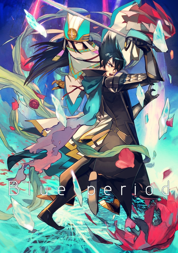 armor black_hair coat flower ice otani_yoshitsugu scarf sengoku_musou spiked_hair sword toudou_takatora_(sengoku_musou) weapon