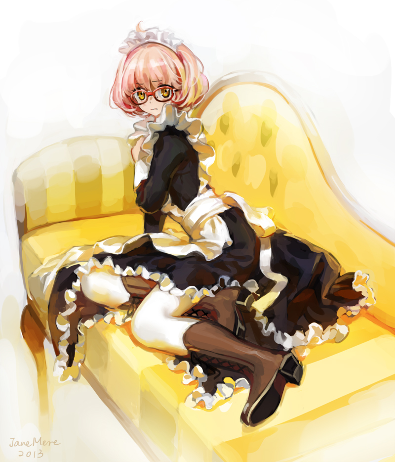 10s 1girl ahoge alternate_costume apron black_dress blush bob_cut boots brown_footwear couch dress enmaided female_focus glasses jane_mere knee_boots kuriyama_mirai kyoto_animation kyoukai_no_kanata lying maid maid_apron maid_headdress on_side pantyhose patterned_upholstery pink_hair red-framed_eyewear shoes short_hair solo striped_upholstery white_pantyhose yellow_eyes yellow_upholstery