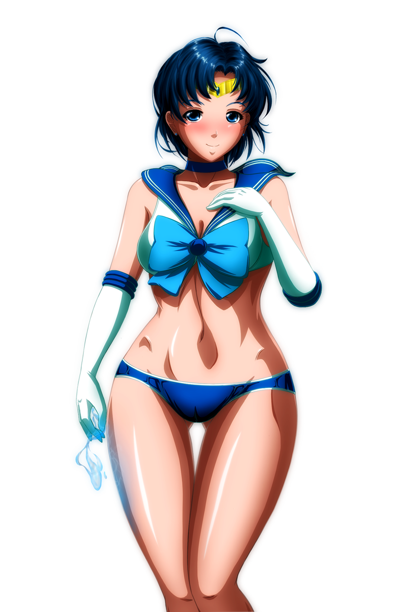 1girl bare_shoulders bikini bishoujo_senshi_sailor_moon blue_bikini blue_bow blue_eyes blue_hair blue_sailor_collar bow bra breasts cameltoe choker cleavage cowboy_shot earrings elbow_gloves female_focus gloves grimbyslayer groin hand_on_own_chest highres hisakawa_aya jewelry kanemoto_hisako kate_higgins light_smile looking_at_viewer magical_girl matching_hair/eyes medium_breasts mizuno_ami navel panties sailor_collar sailor_mercury sailor_moon_narikiri_bra_set short_hair simple_background solo standing stomach swimsuit thigh_gap tiara transparent_background underwear underwear_only voice_actor_connection water white_background white_gloves