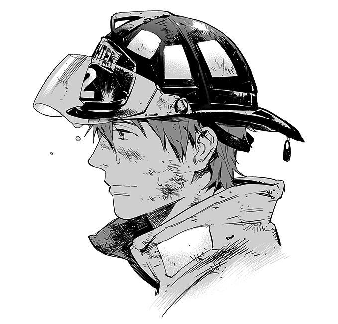 1boy closed_mouth collared_jacket commentary_request cropped_shoulders dirty dirty_face fire_helmet free! greyscale jacket looking_ahead male_focus monochrome official_alternate_costume popped_collar profile short_hair simple_background solo sweat tachibana_makoto white_background xiling