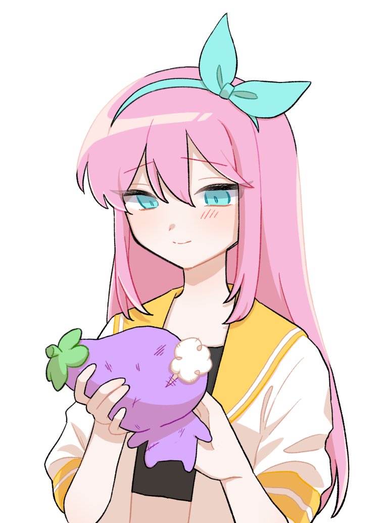 1girl aqua_eyes aqua_hairband aubrey_(faraway)_(omori) aubrey_(omori) black_shirt blush bow_hairband closed_mouth commentary crop_top cropped_shirt double-parted_bangs english_commentary hair_between_eyes hairband hands_up holding holding_stuffed_toy jacket long_hair looking_at_object mr._plantegg_(omori) neko_maro27 omori open_clothes open_jacket pale_skin pink_hair raised_inner_eyebrows sailor_collar shirt short_sleeves sidelocks simple_background smile solo straight_hair stuffed_eggplant stuffed_toy tsurime upper_body white_background white_jacket yellow_sailor_collar
