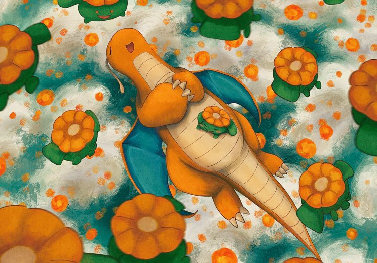 antennae blush_stickers clawed_feet claws closed_eyes cloud colored_skin dragonite flower flying gen_1_pokemon gen_2_pokemon green_skin gyura lying nintendo on_back open_mouth orange_skin own_hands_together pokemon pokemon_(creature) skiploom sleeping sleeping_on_pokemon wings yellow_flower