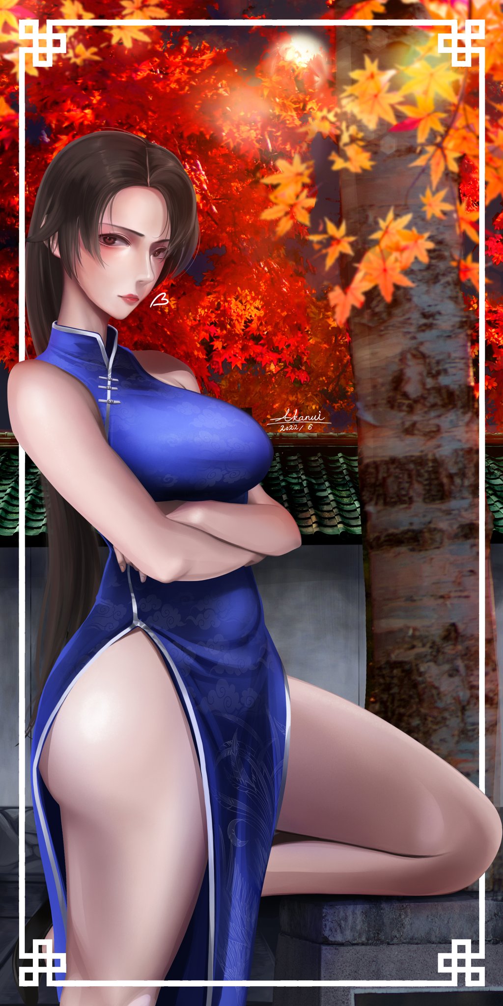 akanui ass breasts brown_eyes brown_hair china_dress chinese_clothes crossed_arms curvy dress highres hong_xiu_ying large_breasts long_hair sega shenmue shenmue_ii shiny_skin sleeveless thick_thighs thighs tree