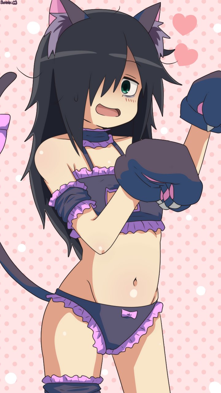 1girl animal_hands arm_strap bags_under_eyes bambi2000line black_bra black_hair black_panties bra cat_cutout cat_lingerie choker cleavage_cutout clothing_cutout commentary_request cosplay flat_chest frilled_bra frilled_choker frilled_panties frills gloves green_eyes hair_over_one_eye heart highres hip_bones kuroki_tomoko long_hair meme_attire navel onii-chan_wa_oshimai! open_mouth oyama_mahiro oyama_mahiro_(cosplay) panties paw_gloves paw_pose polka_dot polka_dot_background smile solo thigh_strap underwear watashi_ga_motenai_no_wa_dou_kangaetemo_omaera_ga_warui!