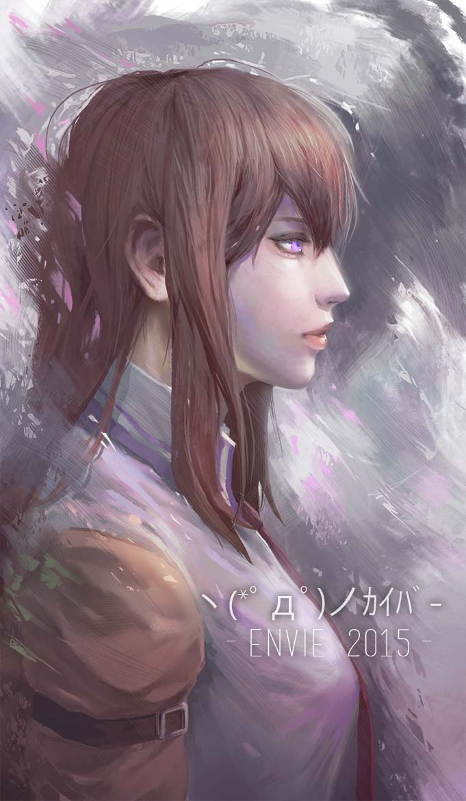 10s 1girl 2015 5pb. armband artist_name breasts brown_hair emoticon envie_p1 female_focus from_side lips makise_kurisu medium_breasts nitroplus pink_eyes profile science_adventure solo steins;gate upper_body