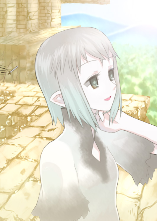 1girl dress female_focus ico outdoors pointy_ears short_hair silver_hair smile solo sword symbol-shaped_pupils tank_(artist) weapon yorda