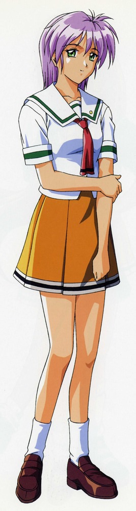 1990s_(style) 1girl female_focus full_body green_eyes kokura_masashi loafers necktie official_art orange_skirt purple_hair retro_artstyle scan school_uniform shoes short_hair skirt smile socks solo square-end_necktie tokimeki_memorial tokimeki_memorial_2 yae_kaori