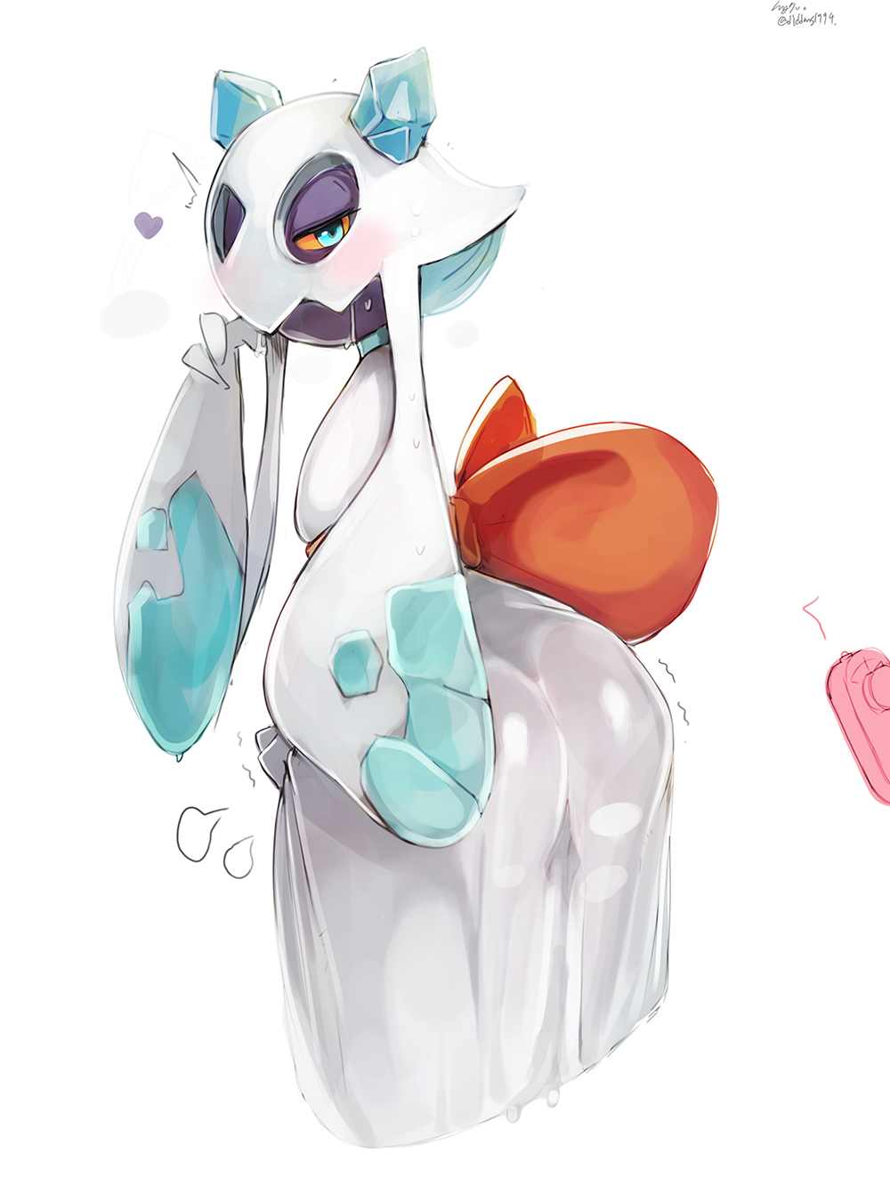 1girl artist_name ass back_bow blue_eyes blush bow colored_sclera colored_skin controller crystal discreet_vibrator drooling female_focus from_behind froslass full_body gen_4_pokemon half-closed_eyes heart highres looking_at_viewer looking_back my700 nintendo no_humans nose_blush pokemon pokemon_(creature) purple_skin remote_control remote_control_vibrator saliva sash sex_toy signature simple_background solo sweat trembling twitter_username vibrator white_background yellow_sclera