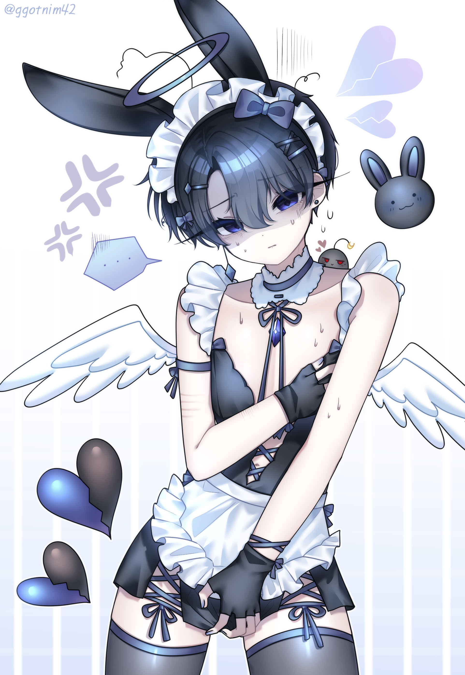 ... 1boy absurdres alternate_costume anger_vein animal_ears apron armlet artist_name black_dress black_hair black_thighhighs blue_eyes blue_halo bow broken_heart chest_jewel collar crossdressing detached_collar dress earrings enmaided feathered_wings fingerless_gloves frilled_apron frills gloves hair_bow hair_ornament hairclip halo heart highres jewelry leotard long_eyelashes maid maid_apron maid_headdress male_focus male_playboy_bunny nail_polish nemi_(ggotnim42) original playboy_bunny rabbit self-harm_scar shaded_face solo speech_bubble spoken_ellipsis stud_earrings sweat thighhighs trap unconventional_maid waist_apron white_apron white_collar white_wings wings x_hair_ornament