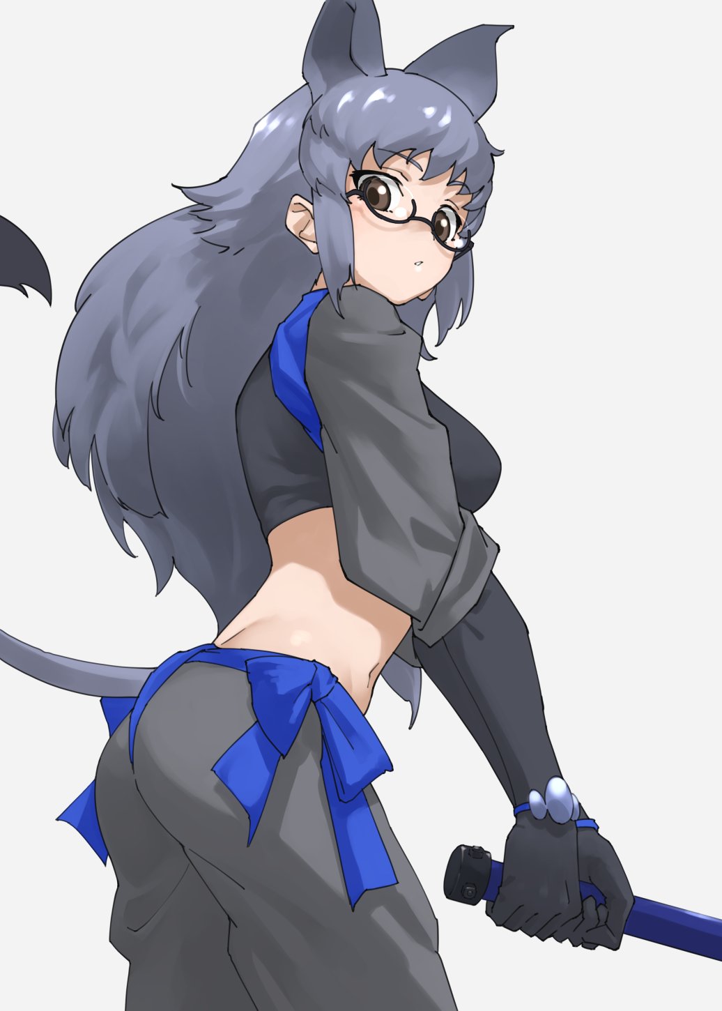1girl animal_ears belt black-framed_eyewear black_gloves black_hair black_rhinoceros_(kemono_friends) black_shirt blue_belt blue_trim bow bracelet breasts brown_eyes cowboy_shot crop_top elbow_gloves extra_ears gloves grey_hair grey_pants grey_sleeves highres holding holding_weapon jewelry kemono_friends looking_at_viewer midriff multicolored_hair navel pants rhinoceros_ears rhinoceros_girl rhinoceros_tail semi-rimless_eyewear shirt short_sleeves sidelocks solo tanabe_(fueisei) waist_bow weapon