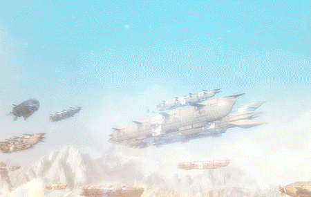 1girl 3d aircraft airship animated animated_gif arsenixc black_hair blue_eyes choker cloud day female_focus firing flag flying landscape lens_flare long_sleeves lowres mountain original scenery sheath sky sleeves_past_wrists snowing solo standing steampunk sword unsheathing vehicle_focus weapon wind