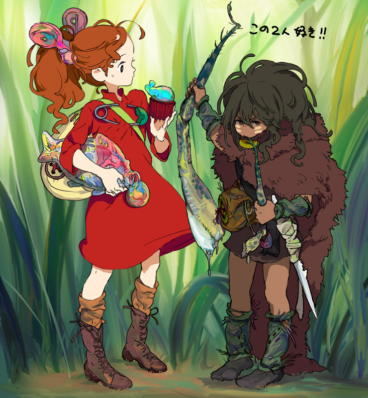 10s 1boy 1girl arm_warmers arrietty bad_id bad_pixiv_id bag black_hair boots clothes_pin dress facial_mark fur karigurashi_no_arrietty long_hair mini_person miniboy minigirl ninton ponytail red_dress spiller studio_ghibli weapon
