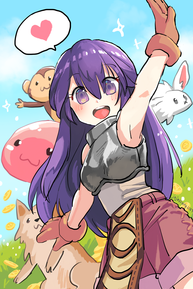 1girl :3 armor baby_animal blue_sky blush breastplate brown_gloves brown_shorts cloud coin commentary cowboy_shot day desert_wolf_(ragnarok_online) dog english_commentary gloves heart highres joy_kim long_hair looking_at_viewer lunatic_(ragnarok_online) novice_(ragnarok_online) open_mouth outdoors pelvic_curtain poring puppy purple_eyes purple_hair ragnarok_online shirt shorts sky sleeveless sleeveless_shirt slime_(creature) smile solo sparkle spoken_heart white_shirt yoyo_(ragnarok_online)