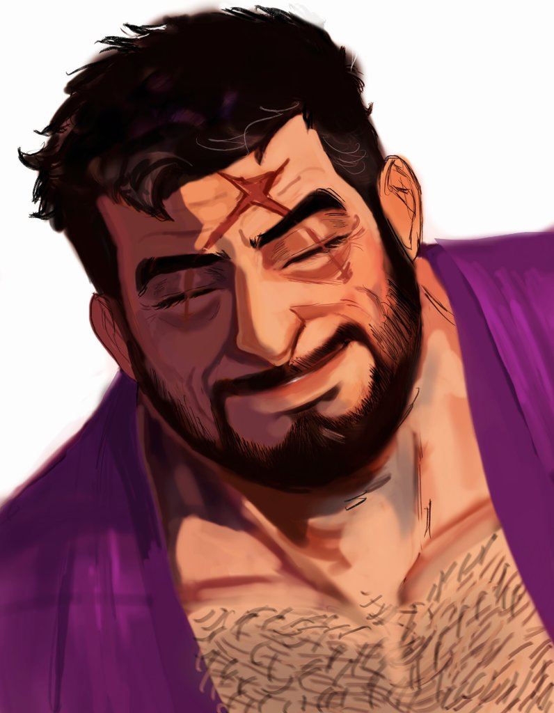 1boy beard black_hair chest_hair closed_eyes cross_scar cyberrwaffle facial_hair fujitora_(one_piece) mustache one_piece purple_robe robe scar scar_across_eye scar_on_face scar_on_forehead smile