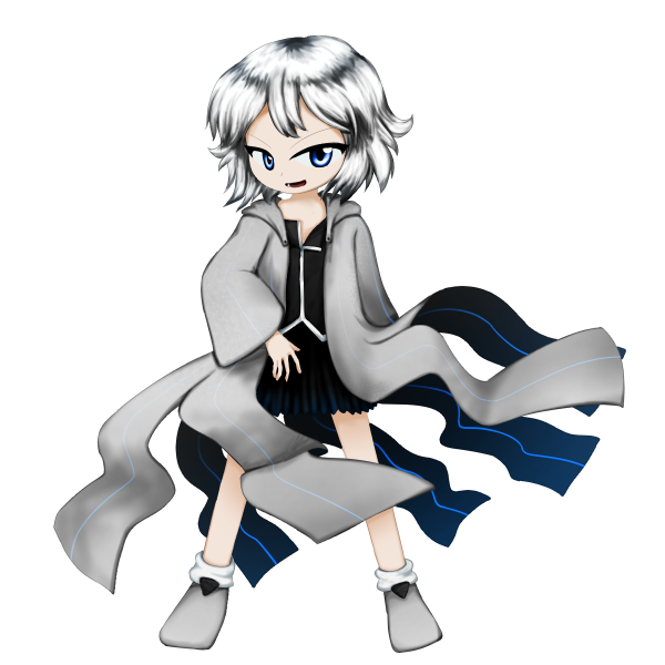 1other androgynous anmita_(rarutos) black_shirt black_skirt blue_eyes coat commentary_request full_body grey_coat grey_shoes hood hood_down hooded_coat jynx_(style) len&#039;en miniskirt open_clothes open_coat open_mouth original other_focus pleated_skirt shirt shitodo_hoojiro shitodo_hoojiro_(anmita) shoes short_hair simple_background skirt smile socks transparent_background variant_set white_hair white_socks