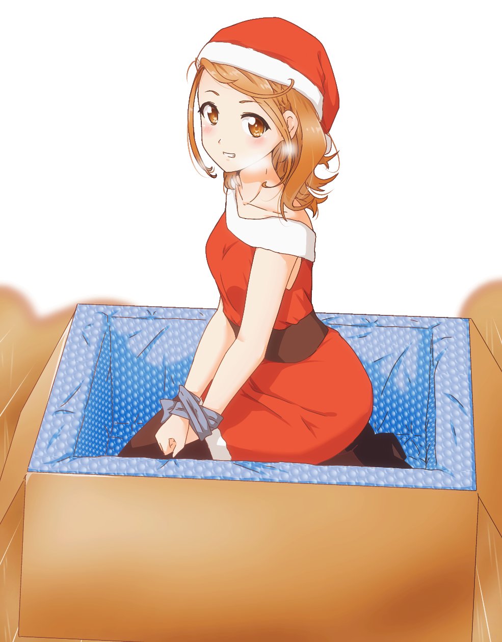 1girl 22/7 alternate_costume alternate_hairstyle black_footwear blush bound bound_wrists box breath brown_eyes brown_hair brown_pantyhose cardboard_box christmas collarbone dress from_side full_body fur-trimmed_dress fur-trimmed_headwear fur_trim grey_ribbon grin hair_down hat highres hitorilily in_box in_container kono_miyako long_hair looking_at_viewer looking_to_the_side off-shoulder_dress off_shoulder pantyhose red_dress santa_costume santa_dress santa_hat seiza sitting smile solo teeth wooden_floor