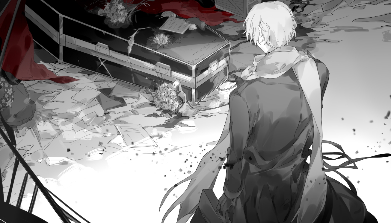 1boy axis_powers_hetalia axygen back blood blood_on_ground bouquet box coat coffin flag flower gloves greyscale holding holding_suitcase implied_death long_sleeves male_focus monochrome paper ribbon russia_(hetalia) scarf short_hair solo standing suitcase wreath