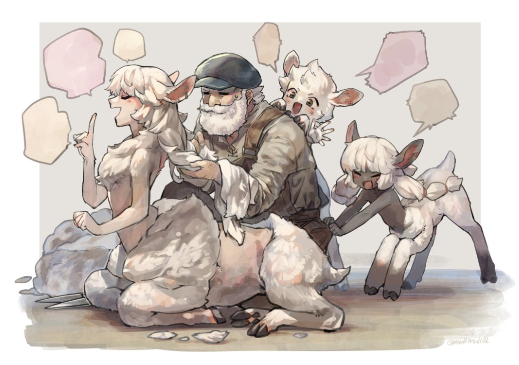 1boy 3girls animal_ears beard blank_speech_bubble braiding_hair facial_hair hairdressing hat hooves monster_girl mullmull02 multiple_girls old old_man original overalls shearing shears sheep_ears sheep_girl sheep_tail sitting smile speech_bubble sweatdrop tail taur white_hair wool
