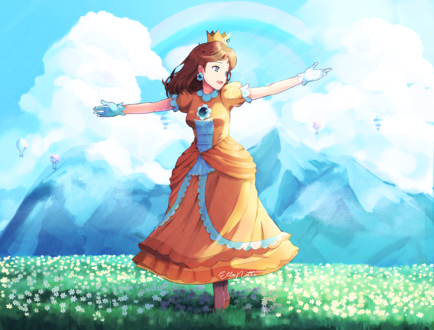 1girl aircraft artist_name blue_eyes breasts brooch brown_hair cloud crown daisy dress earrings ellanotte eyelashes field flower flower_earrings flower_field full_body gloves hot_air_balloon jewelry long_dress looking_to_the_side mario_(series) medium_breasts medium_hair mountain nintendo no_socks open_hands open_mouth orange_dress orange_footwear outdoors outstretched_arms princess princess_daisy puffy_short_sleeves puffy_sleeves rainbow short_sleeves signature solo spinning standing super_mario_land white_gloves yellow_dress