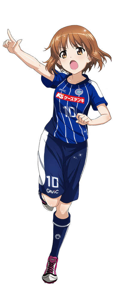 10s 1girl artist_request ball cleats female_focus full_body girls_und_panzer index_finger_raised j._league mito_hollyhock nishizumi_miho open_mouth running short_hair simple_background soccer soccer_ball soccer_uniform solo source_request sportswear transparent_background white_background