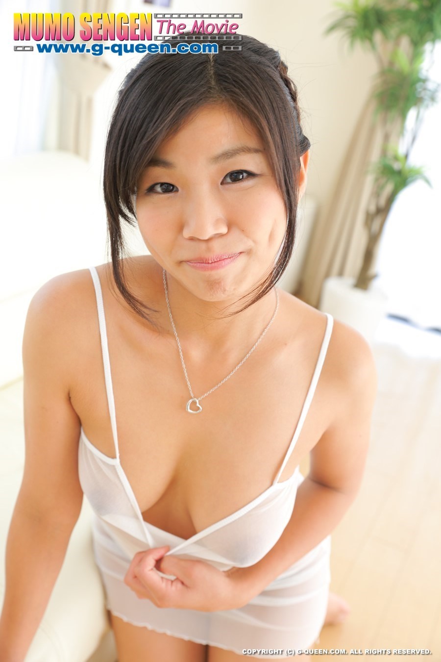 1girl asato_izumi asian black_hair breasts g-queen g-queen.com japanese_(nationality) jav jewelry kneeling medium_breasts necklace nipples plant potted_plant real_life shirt smile solo white_shirt white_sofa