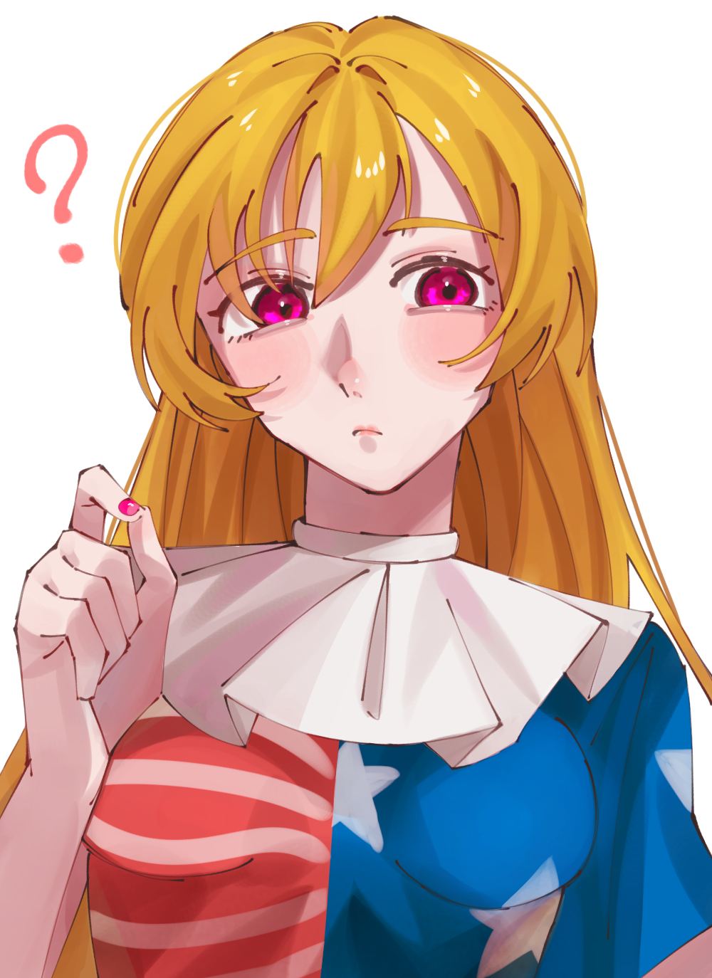 1girl ? american_flag_dress blonde_hair blush clownpiece dress highres long_hair looking_at_viewer nasu1225 neck_ruff pantyhose red_eyes short_sleeves solo star_(symbol) star_print striped_clothes touhou very_long_hair