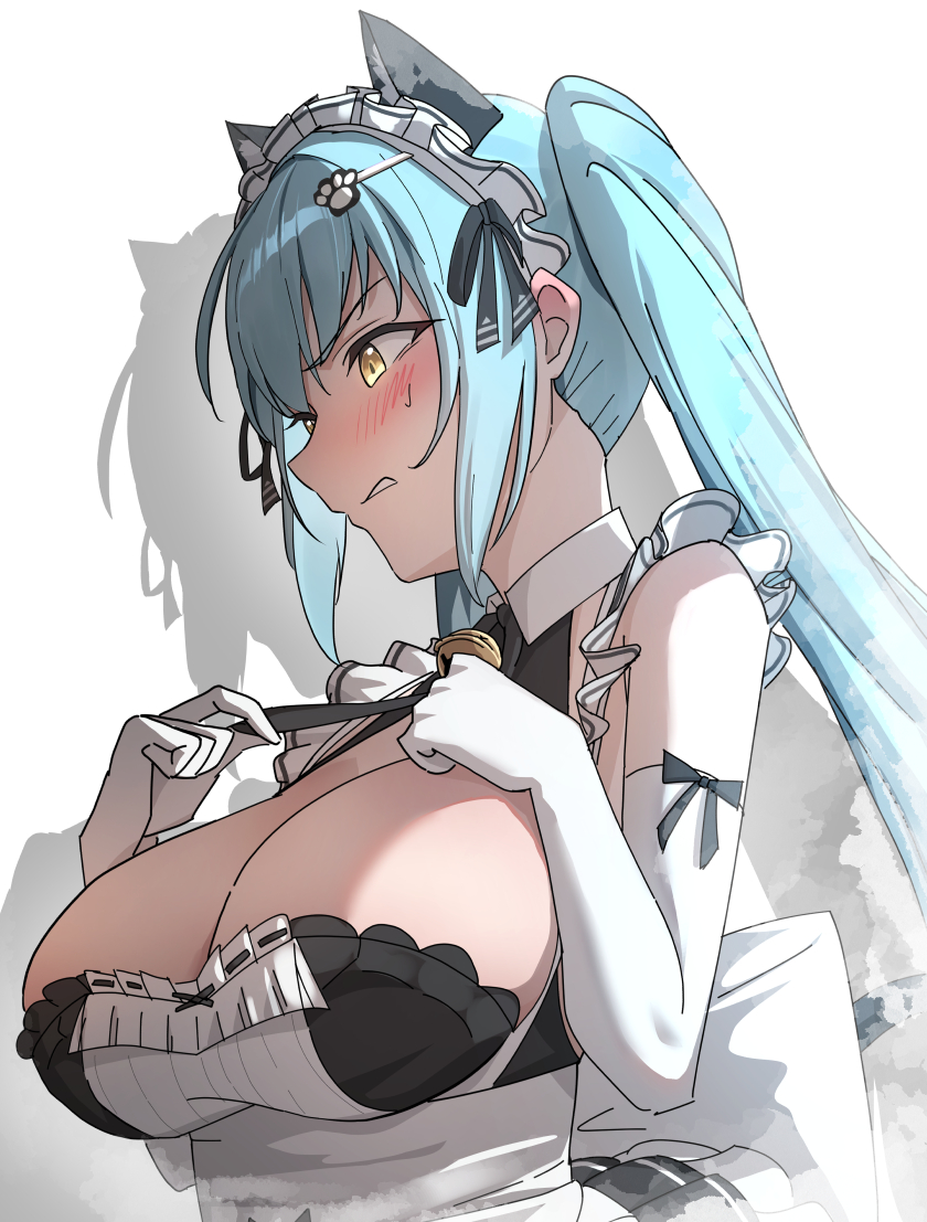 1girl animal_ears apron black_dress blue_hair blush breasts cat_ears cleavage clenched_teeth dress elbow_gloves fake_animal_ears gloves goddess_of_victory:_nikke hands_on_own_chest hatenoga large_breasts light_blue_hair long_hair maid maid_headdress neck_bell official_alternate_costume paw_hair_ornament privaty_(nikke) privaty_(unkind_maid)_(nikke) solo sweatdrop teeth twintails very_long_hair white_apron white_gloves yellow_eyes