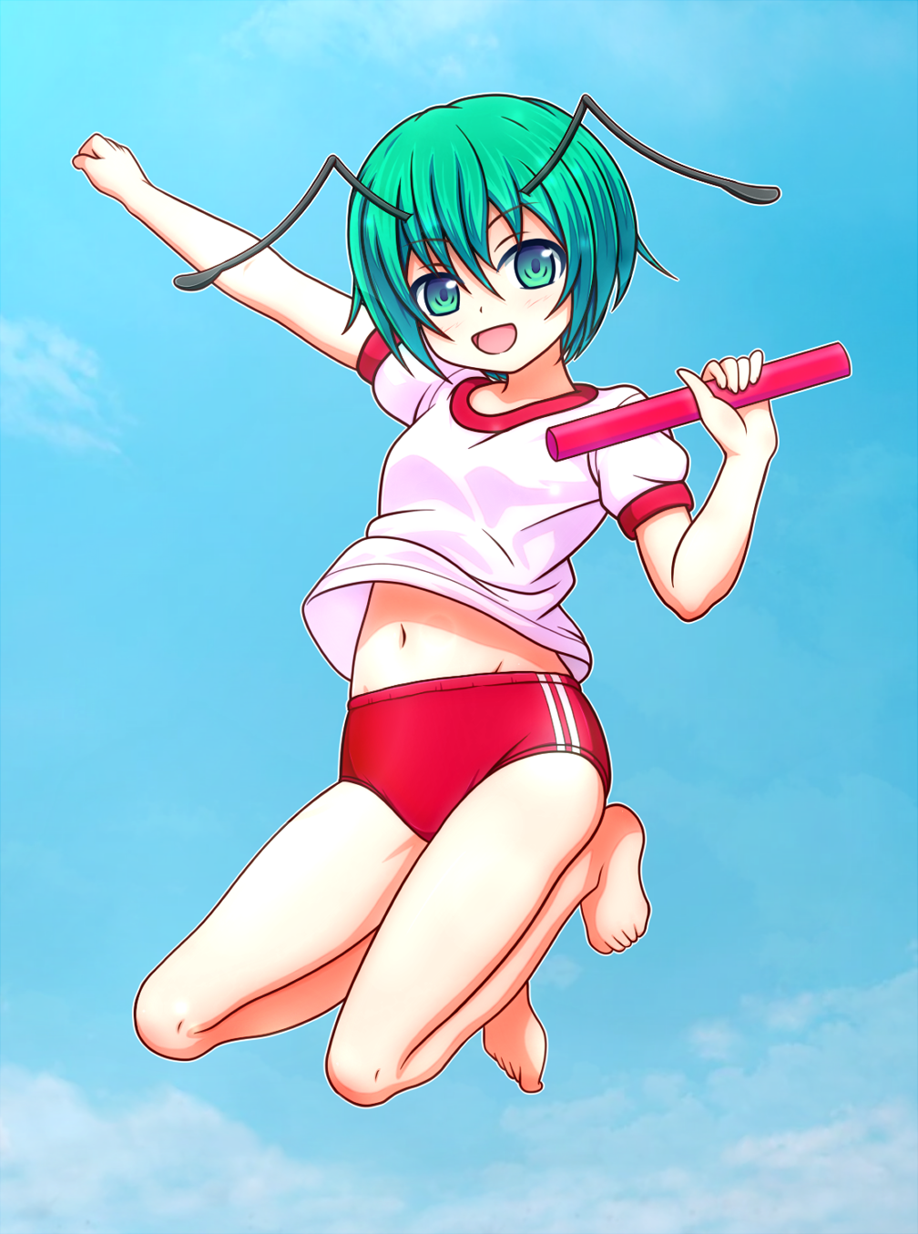 1girl :d alternate_costume antennae arm_up barefoot blue_sky blush breasts buruma cloud collared_shirt commentary_request day full_body green_eyes green_hair gym_uniform highres jumping looking_at_viewer mofupaka navel open_mouth outdoors red_buruma relay_baton shirt short_hair short_sleeves sky small_breasts smile solo touhou white_shirt wriggle_day wriggle_nightbug