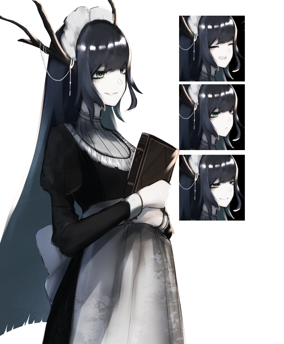 1girl black_hair book closed_mouth colored_skin dragon_girl multiple_expressions closed_eyes green_eyes holding holding_book horns long_hair maid maid_headdress original parted_lips simple_background smile solo standing sutorobo72 tachi-e very_long_hair white_background white_skin